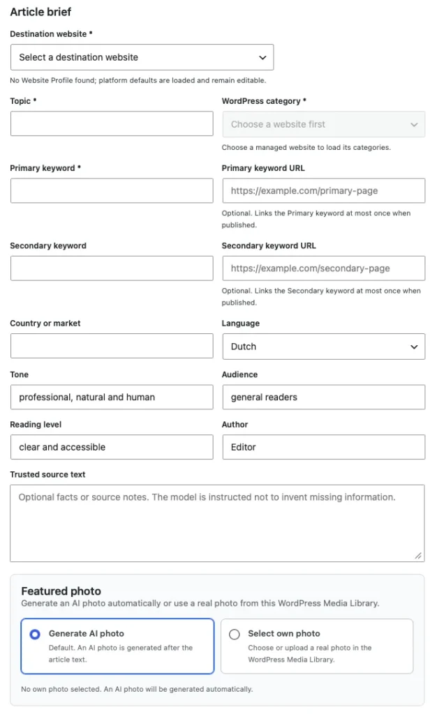 Scherm voor een artikelopdracht in SitePublisher AI