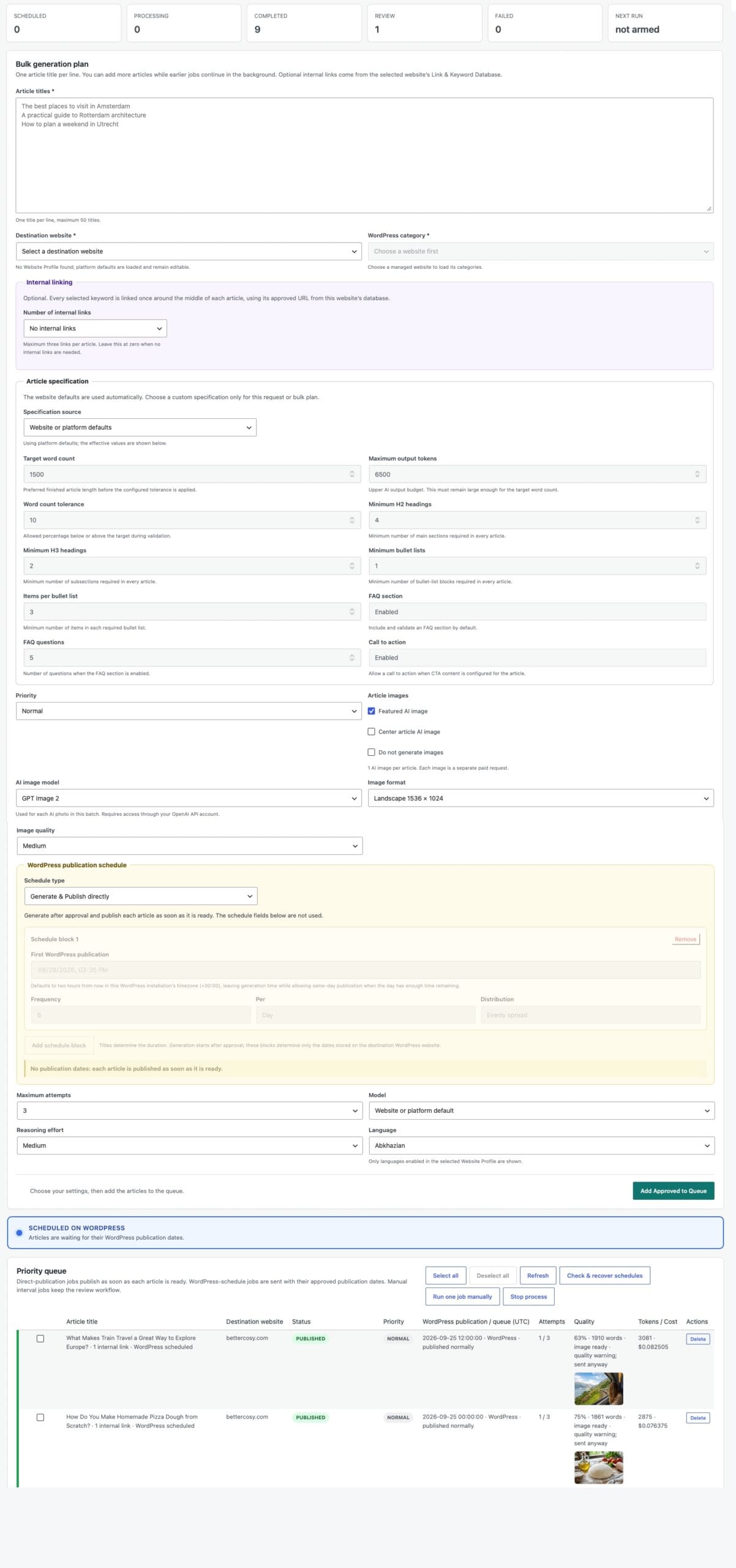 Volledig bulkverwerkingsscherm van SitePublisher AI Pro met artikeltitels, bestemmingswebsite, interne links, afbeeldingen en publicatieplanning.