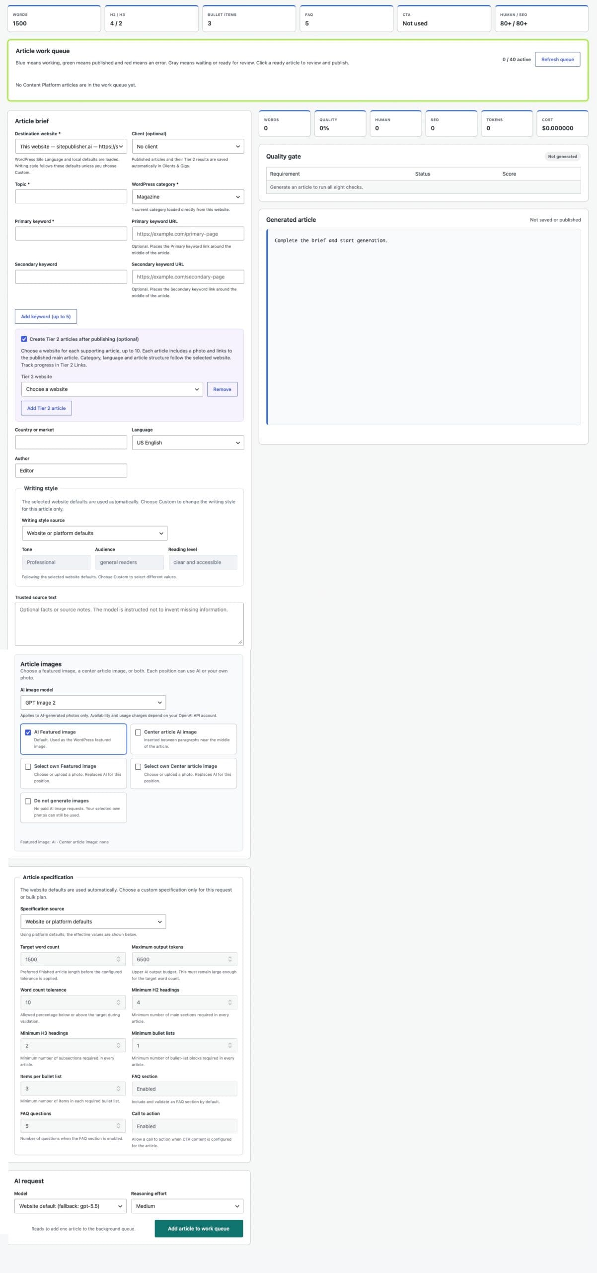 Volledig scherm voor een afzonderlijk artikel in SitePublisher AI Pro met bestemmingswebsite, optionele klant, trefwoordlinks, Tier 2-artikelen, schrijfstijl en generatie-instellingen.